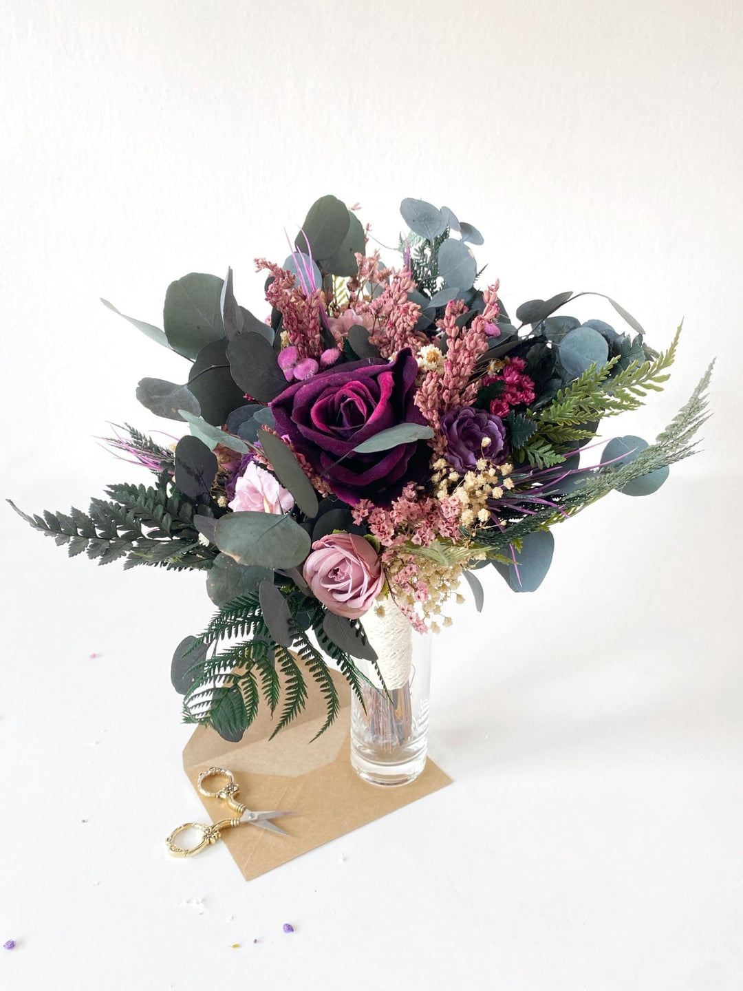 Purple Boho Bridal Bouquet: Fern & Roses, Garden Wedding – handmade floral hair accessory by magaela