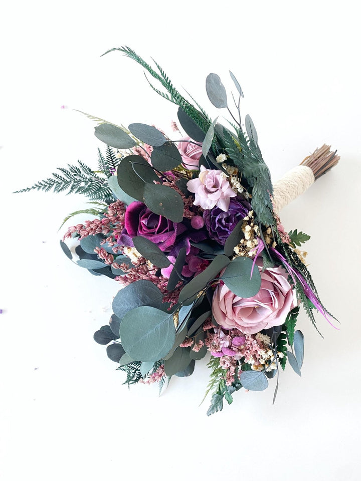 Purple Boho Bridal Bouquet: Fern & Roses, Garden Wedding – handmade floral hair accessory by magaela