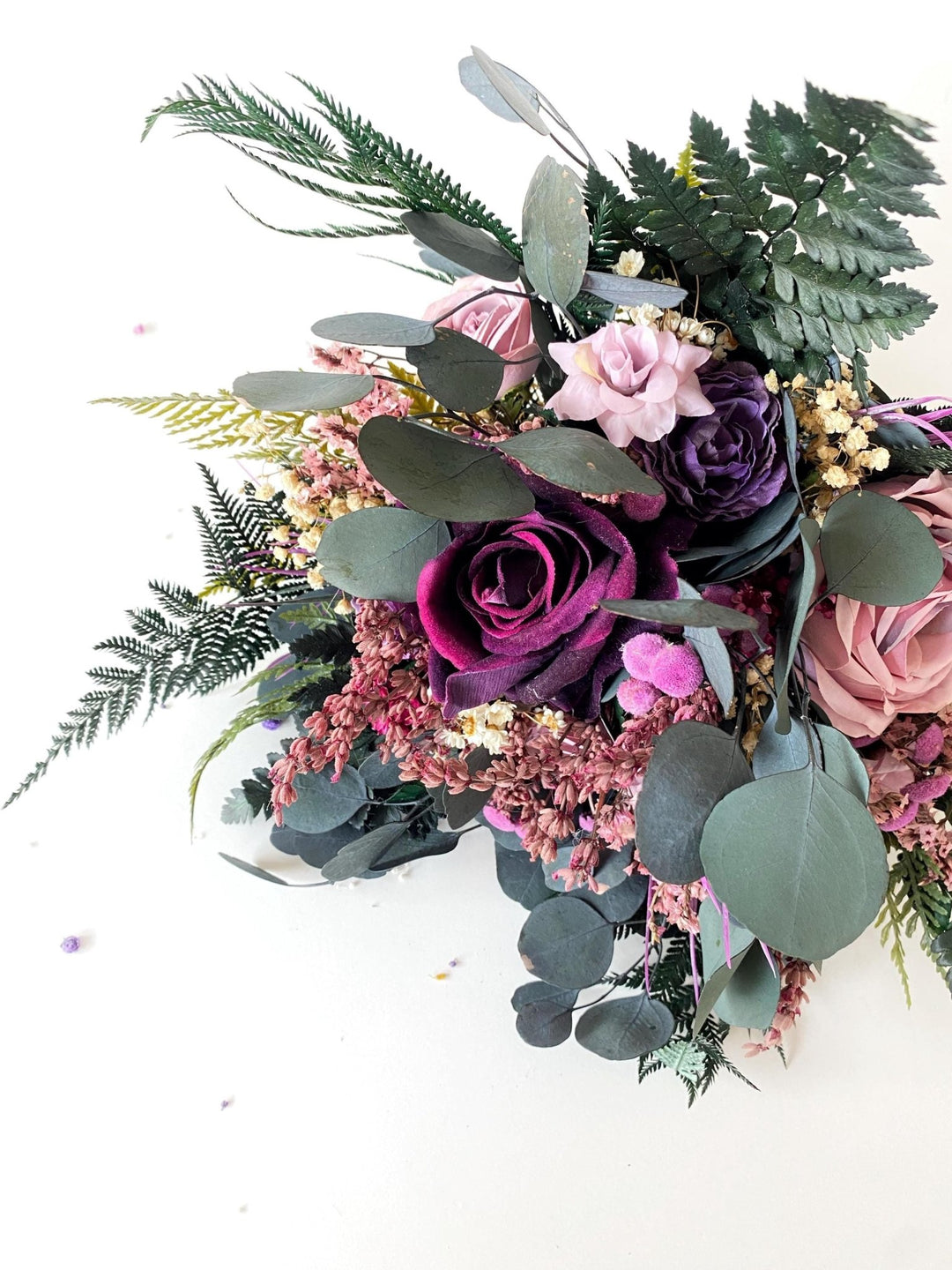 Purple Boho Bridal Bouquet: Fern & Roses, Garden Wedding – handmade floral hair accessory by magaela