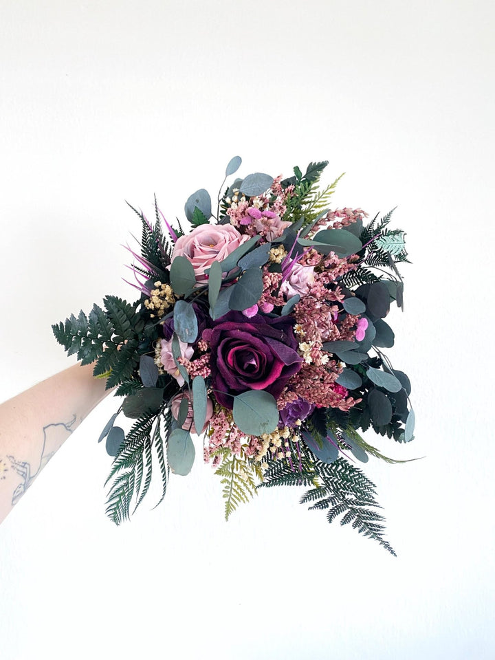 Purple Boho Bridal Bouquet: Fern & Roses, Garden Wedding – handmade floral hair accessory by magaela