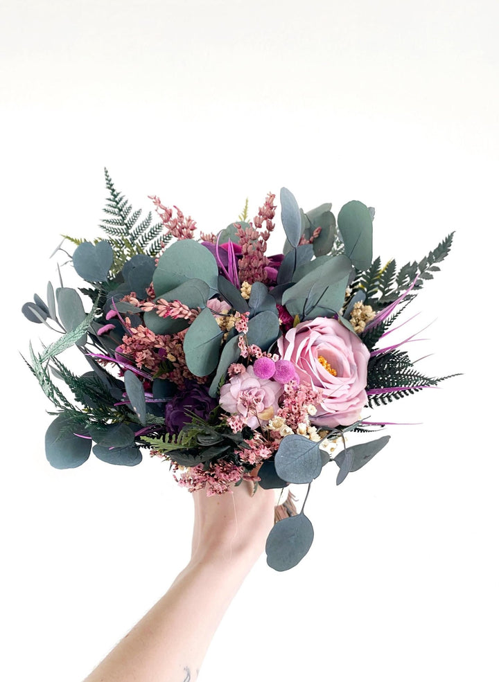 Purple Boho Bridal Bouquet: Fern & Roses, Garden Wedding – handmade floral hair accessory by magaela