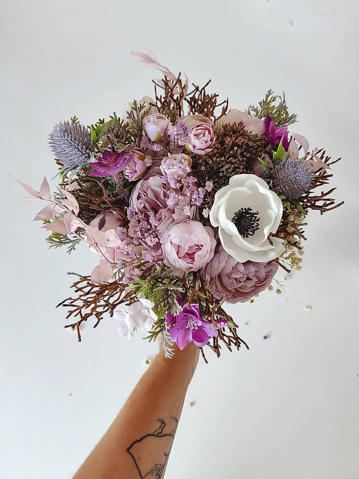 Purple & White Bridal Bouquet: Romantic Boho Wedding Flowers – handmade floral hair accessory by magaela