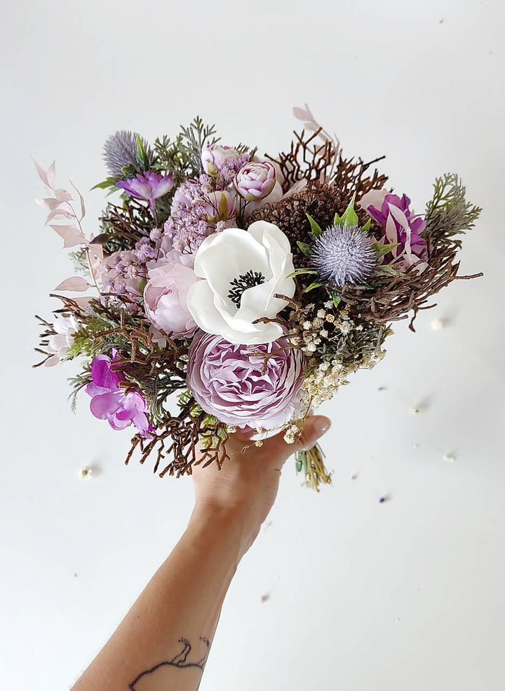 Purple & White Bridal Bouquet: Romantic Boho Wedding Flowers – handmade floral hair accessory by magaela