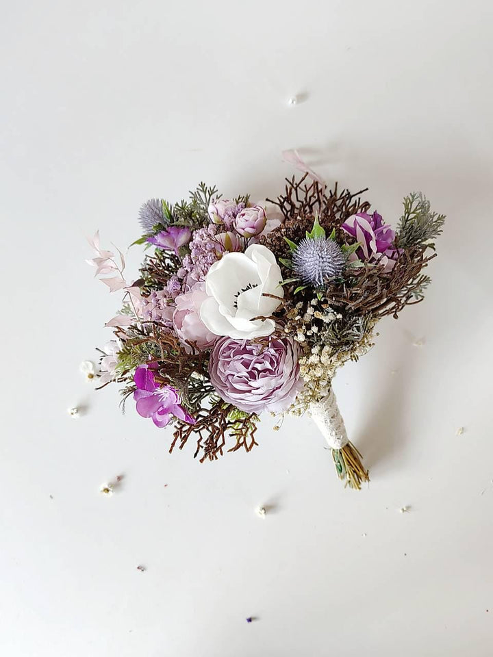 Purple & White Bridal Bouquet: Romantic Boho Wedding Flowers – handmade floral hair accessory by magaela