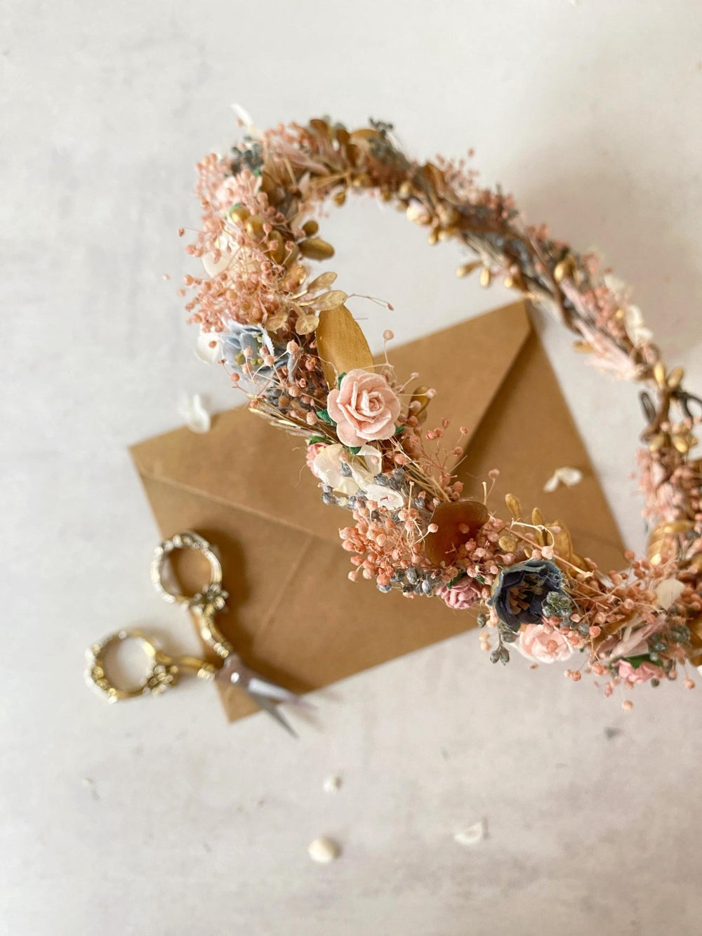 Vintage Golden Flower Crown: Glam Cottagecore Wedding Wreath – handmade floral hair accessory by magaela