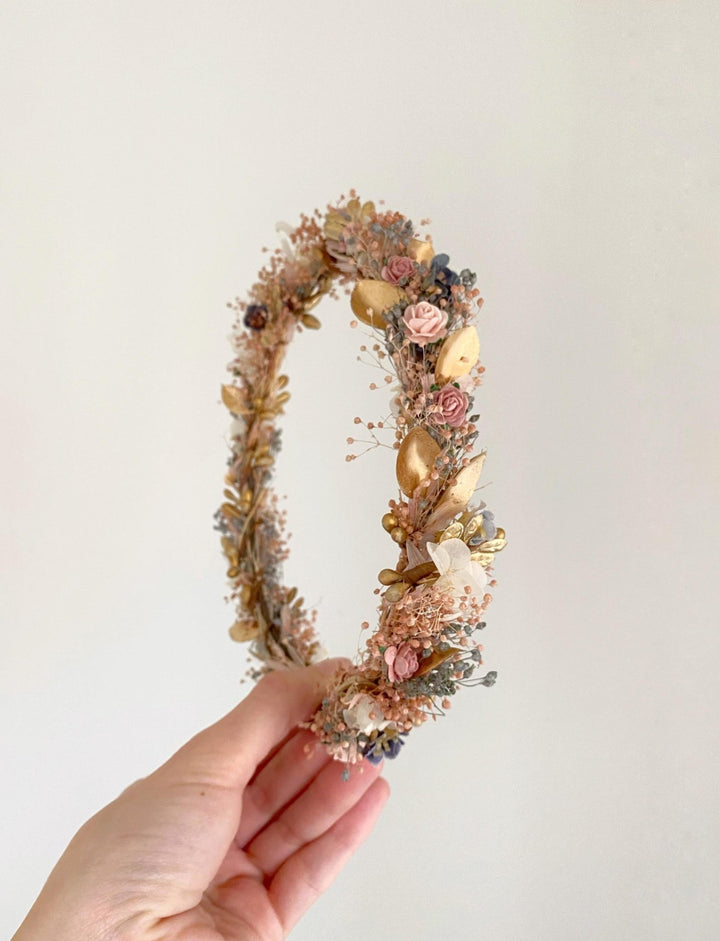 Vintage Golden Flower Crown: Glam Cottagecore Wedding Wreath – handmade floral hair accessory by magaela