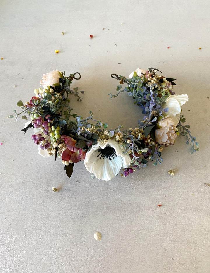 Anemone Wedding Half Wreath: White & Dusty Pink Flower Crown – handmade floral hair accessory by magaela