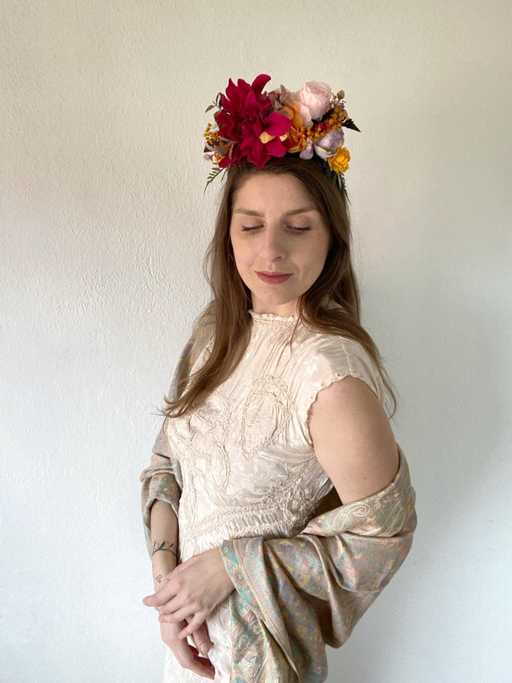 Fuchsia Orange Flower Crown Headband: Frida Inspired Boho Wedding – handmade floral hair accessory by magaela