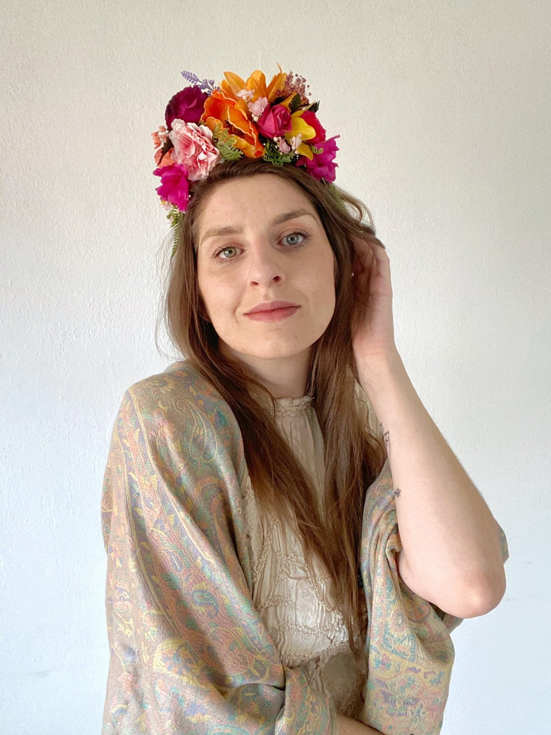 Magenta Orange Frida Flower Crown: Boho Floral Headband – handmade floral hair accessory by magaela