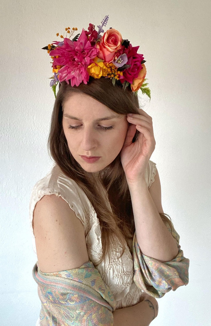 Magenta Frida Flower Headband: Boho Wedding Hair Crown – handmade floral hair accessory by magaela