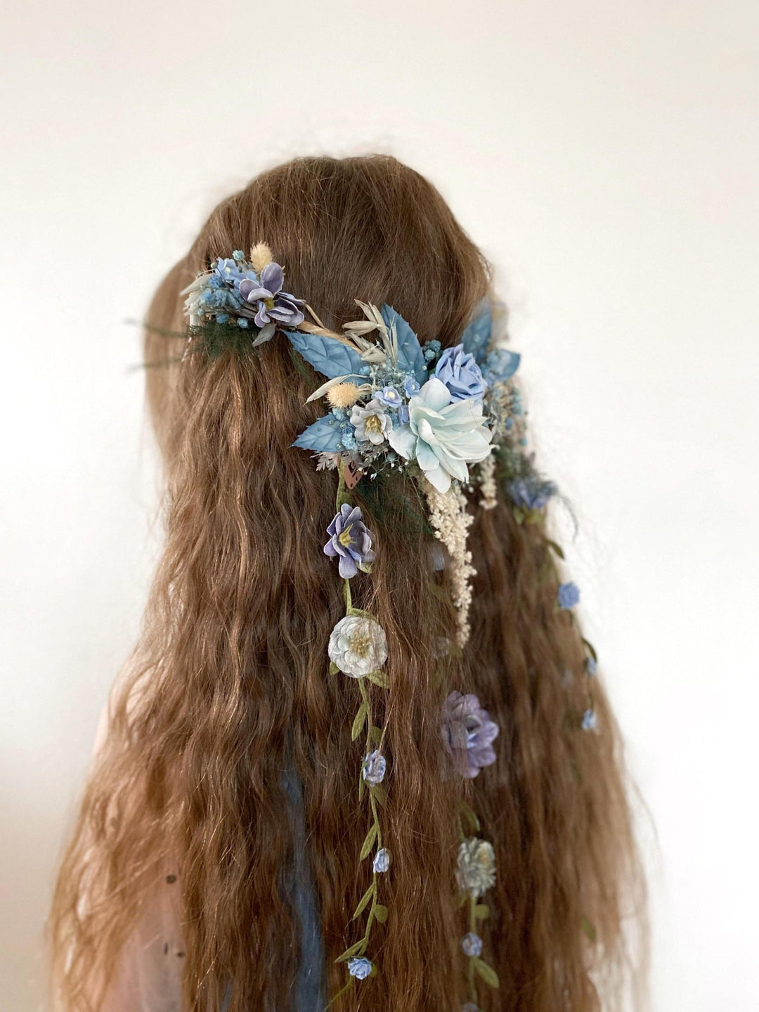 Blue Floral Bridal Hair Vine with Veil: Boho Wedding Hair Flowers – handmade floral hair accessory by magaela