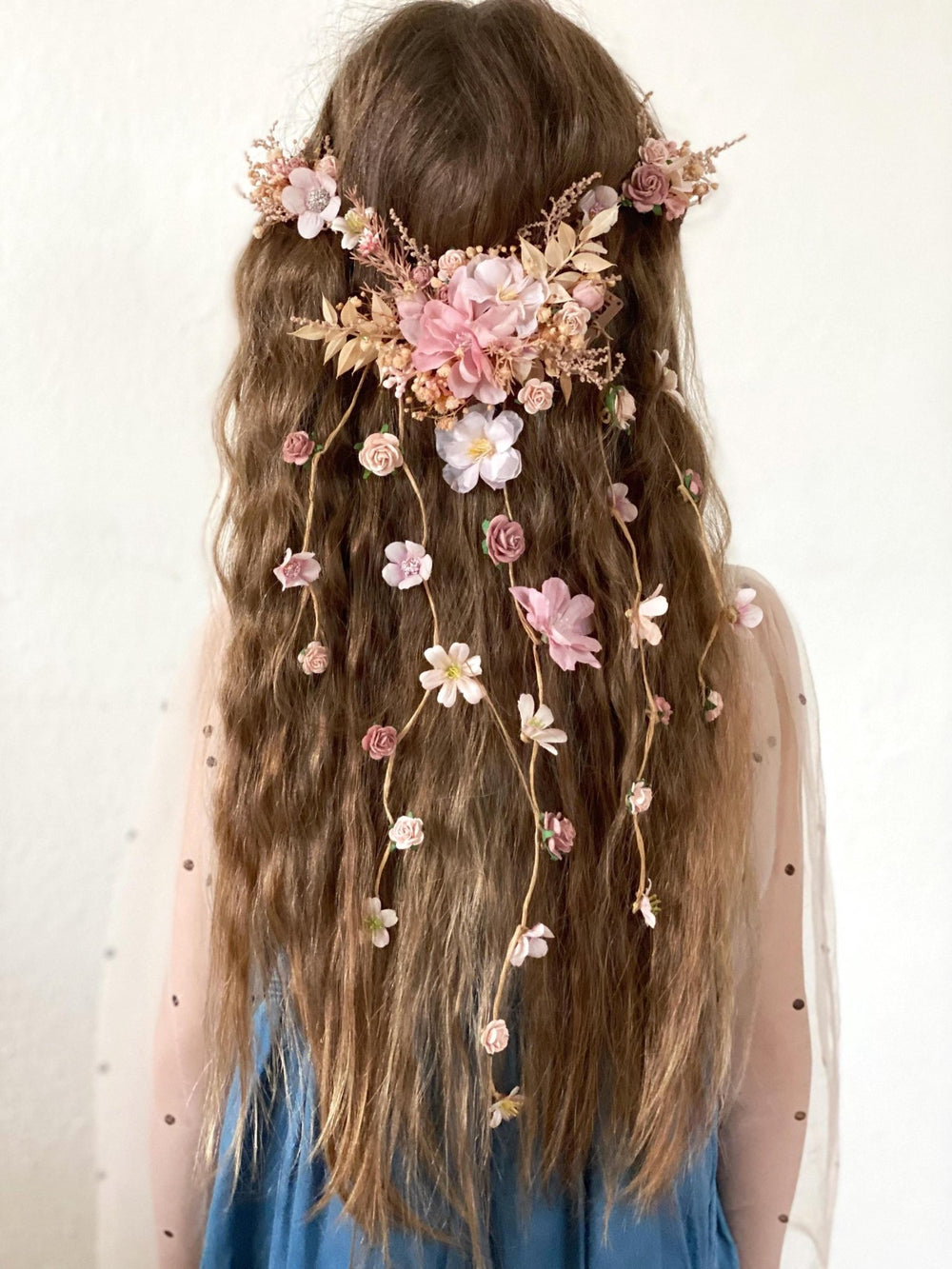 Pink Cream Floral Bridal Hair Vine with Veil: Romantic Wedding – handmade floral hair accessory by magaela