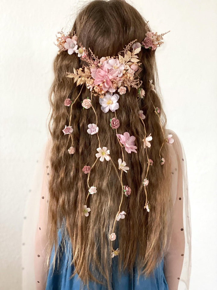 Pink Cream Floral Bridal Hair Vine with Veil: Romantic Wedding – handmade floral hair accessory by magaela