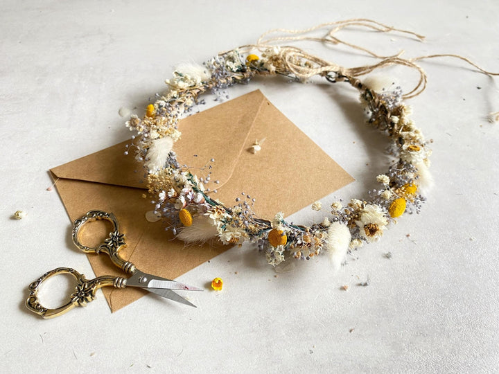 Preserved Flower Bridal Crown: Cottagecore Wedding Hair Wreath – handmade floral hair accessory by magaela