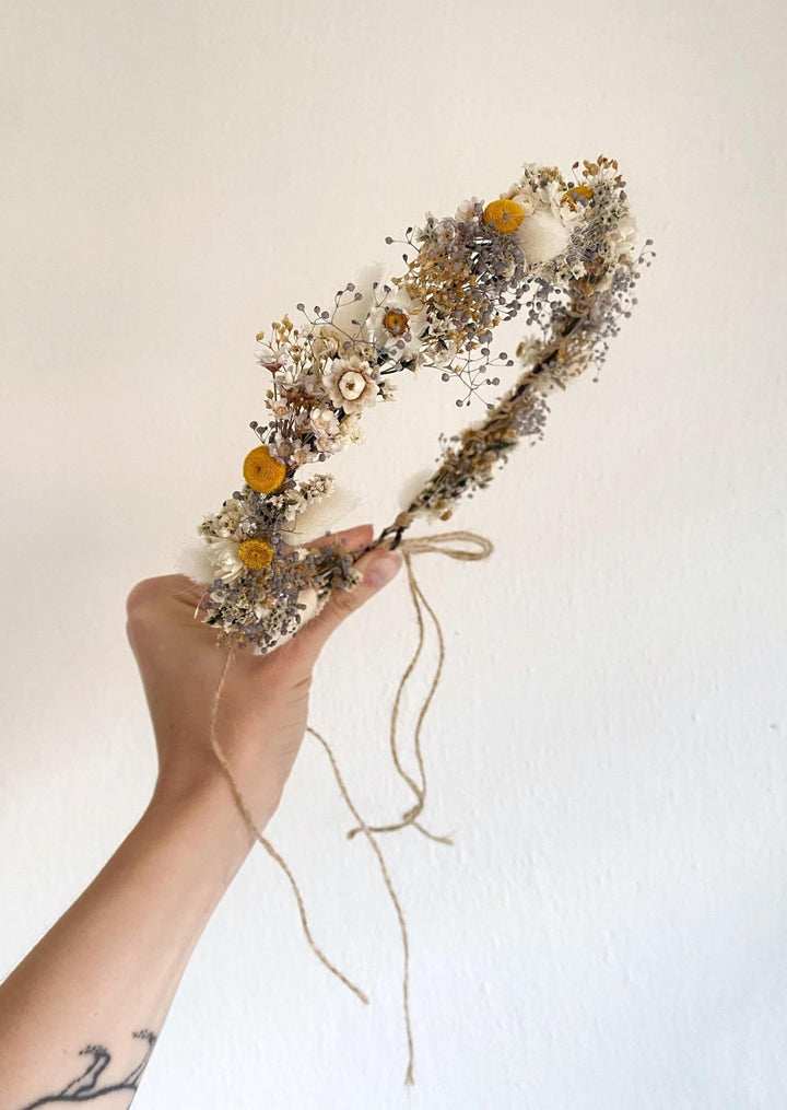 Preserved Flower Bridal Crown: Cottagecore Wedding Hair Wreath – handmade floral hair accessory by magaela