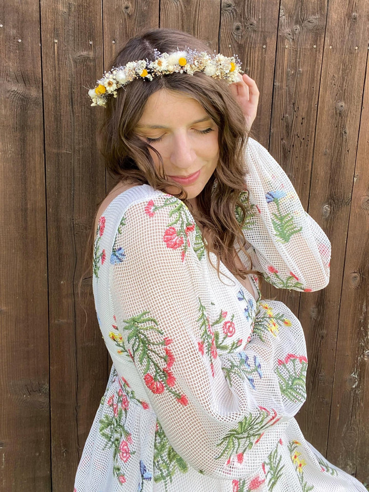 Preserved Flower Bridal Crown: Cottagecore Wedding Hair Wreath – handmade floral hair accessory by magaela