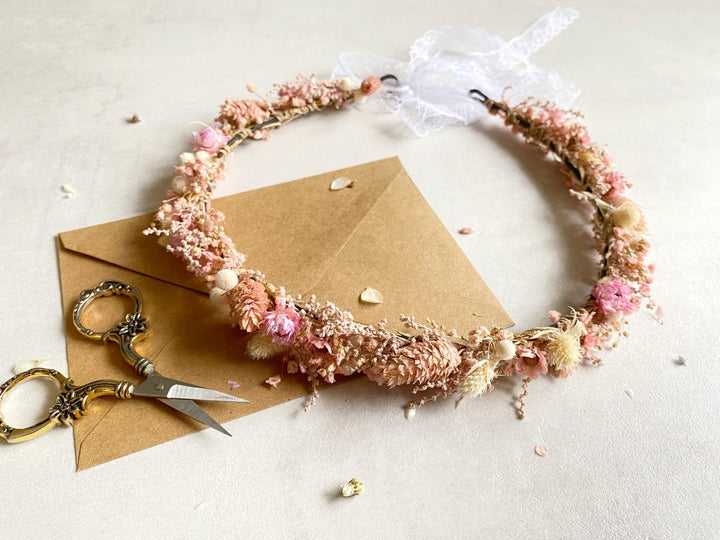Preserved Flower Bridal Crown: Romantic Dried Flower Wedding Wreath – handmade floral hair accessory by magaela