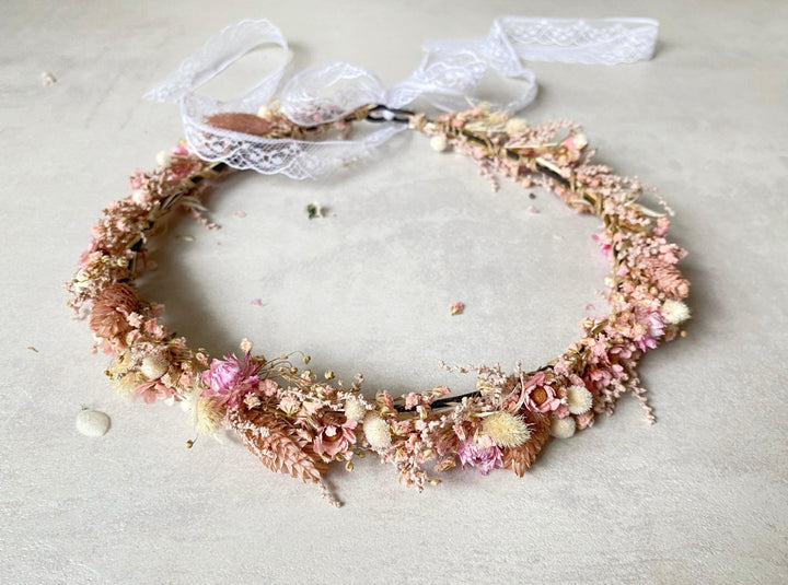 Preserved Flower Bridal Crown: Romantic Dried Flower Wedding Wreath – handmade floral hair accessory by magaela