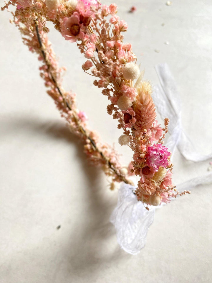 Preserved Flower Bridal Crown: Romantic Dried Flower Wedding Wreath – handmade floral hair accessory by magaela