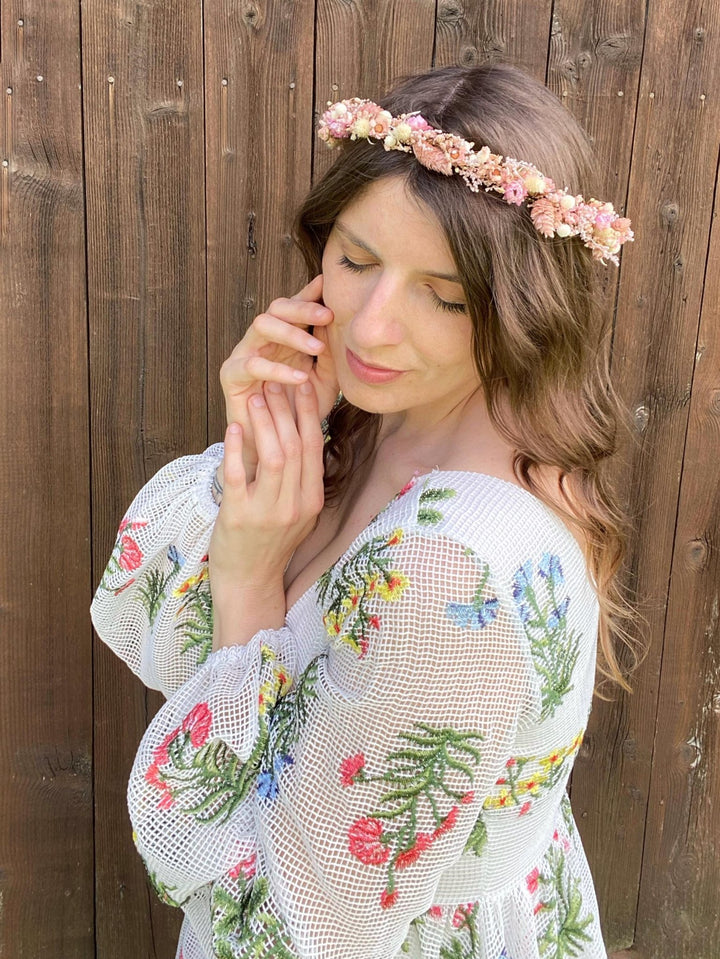 Preserved Flower Bridal Crown: Romantic Dried Flower Wedding Wreath – handmade floral hair accessory by magaela