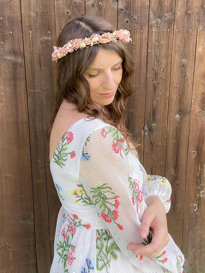 Preserved Flower Bridal Crown: Romantic Dried Flower Wedding Wreath – handmade floral hair accessory by magaela