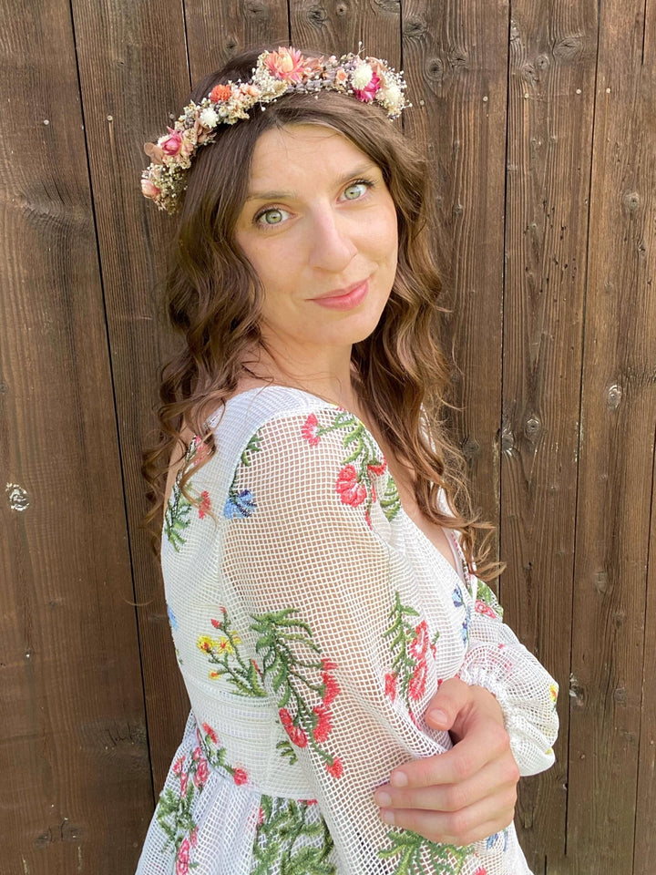 Preserved Flower Bridal Wreath: Cottagecore Meadow Crown – handmade floral hair accessory by magaela