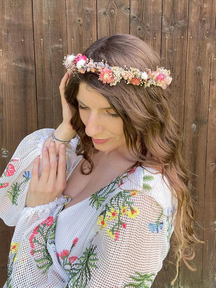 Preserved Flower Bridal Wreath: Cottagecore Meadow Crown – handmade floral hair accessory by magaela
