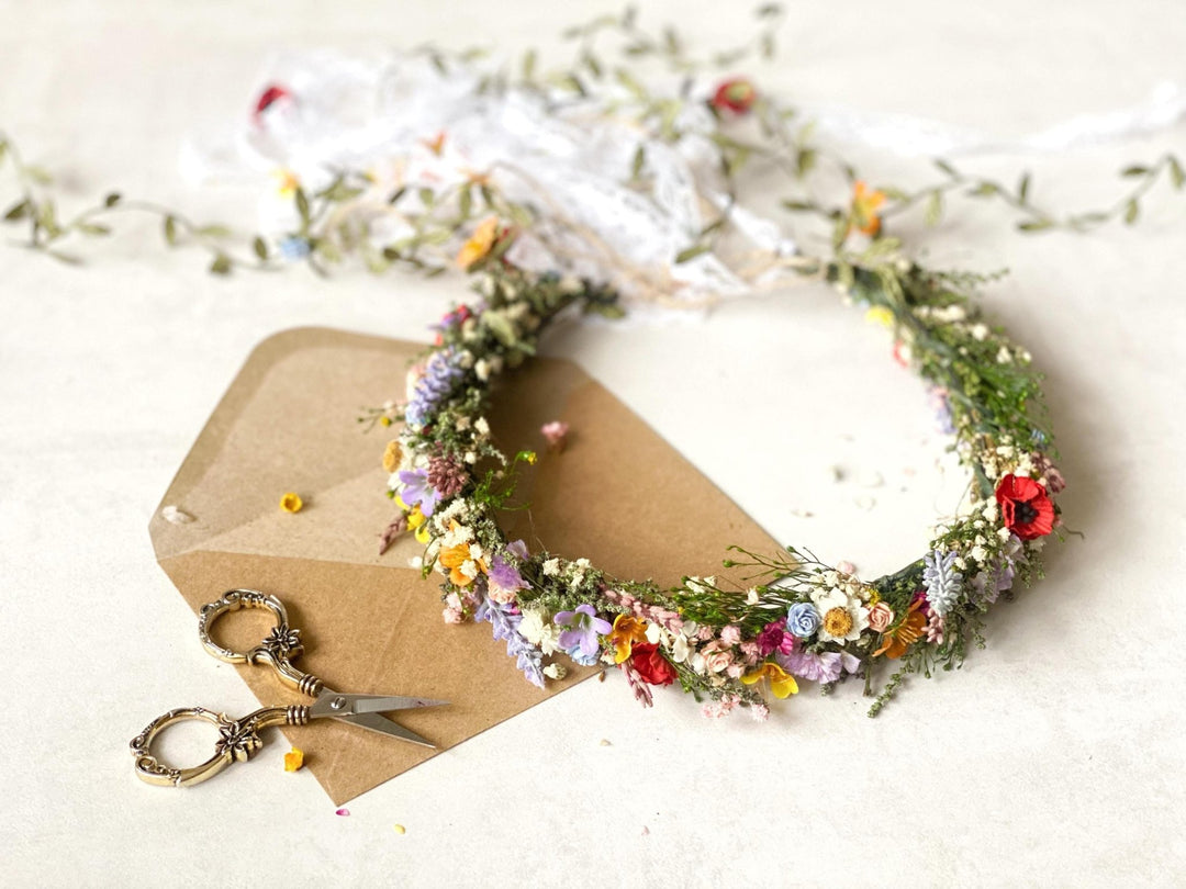 Boho Flower Crown with Veil: Romantic Meadow Bridal Headpiece – handmade floral hair accessory by magaela