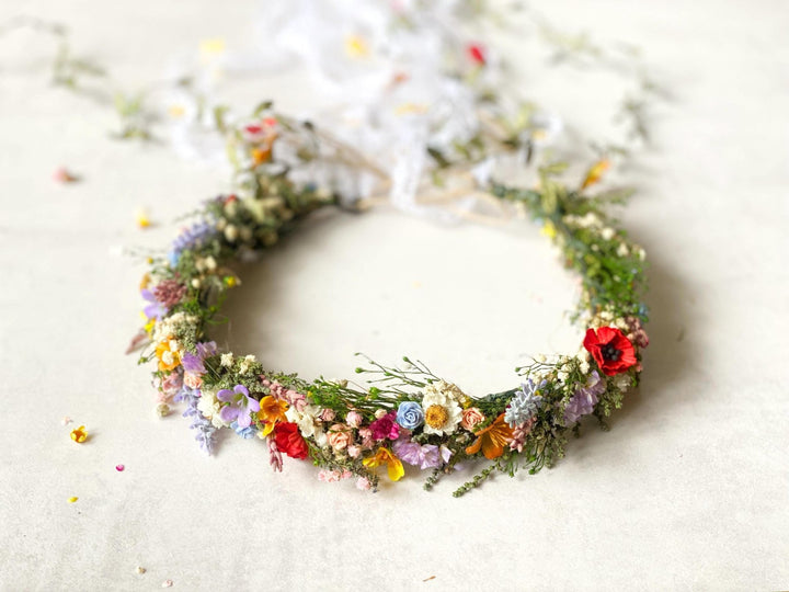Boho Flower Crown with Veil: Romantic Meadow Bridal Headpiece – handmade floral hair accessory by magaela