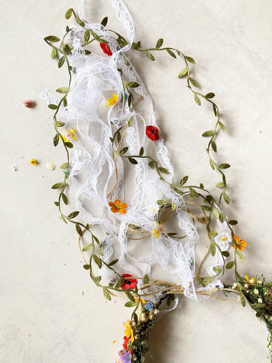 Boho Flower Crown with Veil: Romantic Meadow Bridal Headpiece – handmade floral hair accessory by magaela