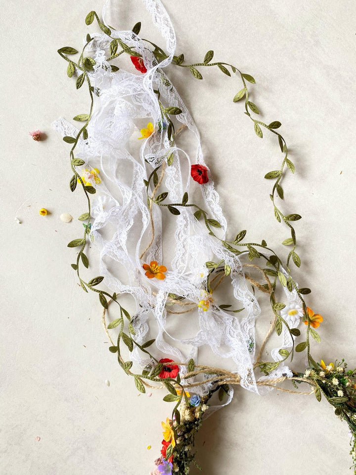 Boho Flower Crown with Veil: Romantic Meadow Bridal Headpiece – handmade floral hair accessory by magaela