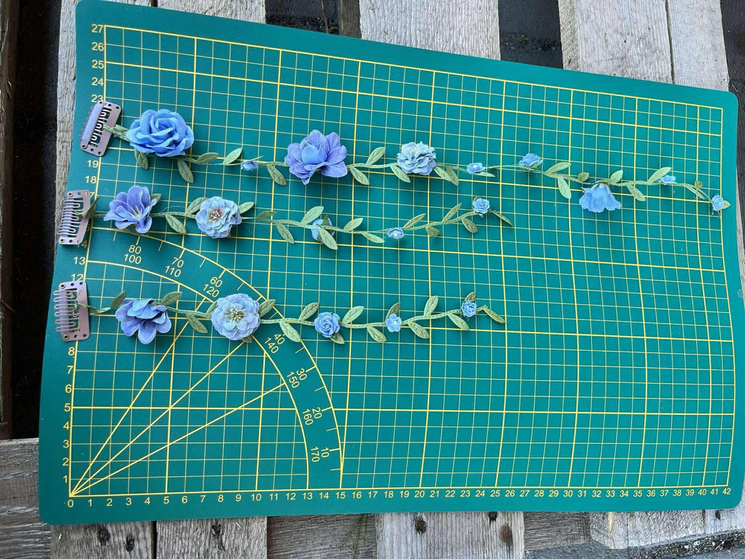 Blue Floral Bridal Hair Vine with Veil: Boho Wedding Hair Flowers – handmade floral hair accessory by magaela