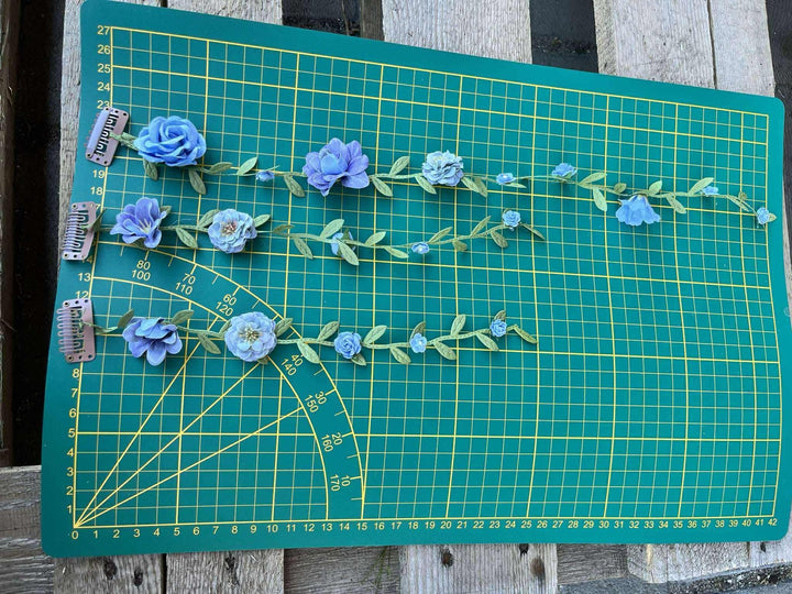 Blue Floral Bridal Hair Vine with Veil: Boho Wedding Hair Flowers – handmade floral hair accessory by magaela