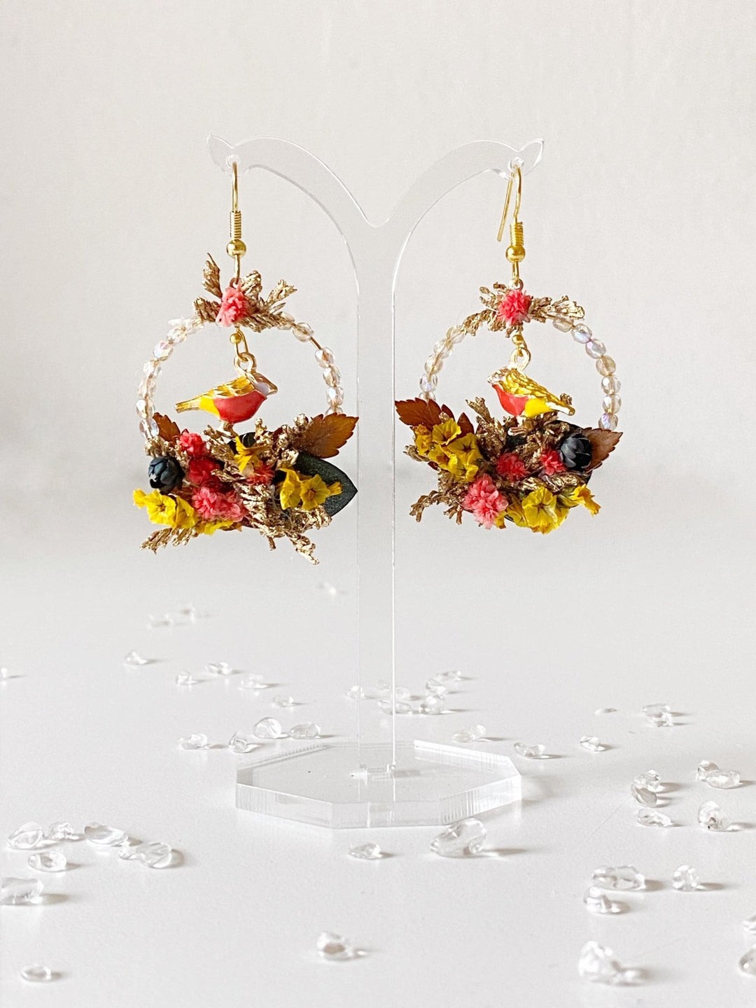 Autumn Bird Flower Circle Earrings: Handmade Beaded Jewelry – handmade floral hair accessory by magaela