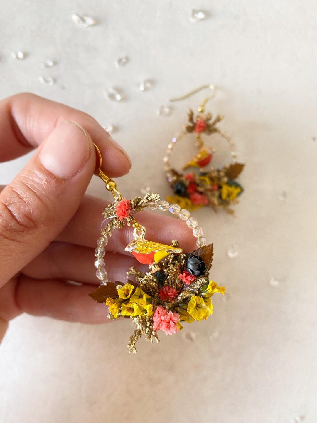 Autumn Bird Flower Circle Earrings: Handmade Beaded Jewelry – handmade floral hair accessory by magaela