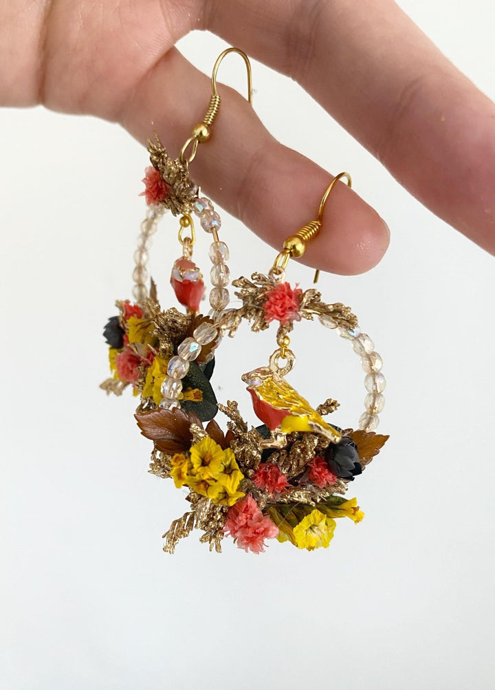 Autumn Bird Flower Circle Earrings: Handmade Beaded Jewelry – handmade floral hair accessory by magaela