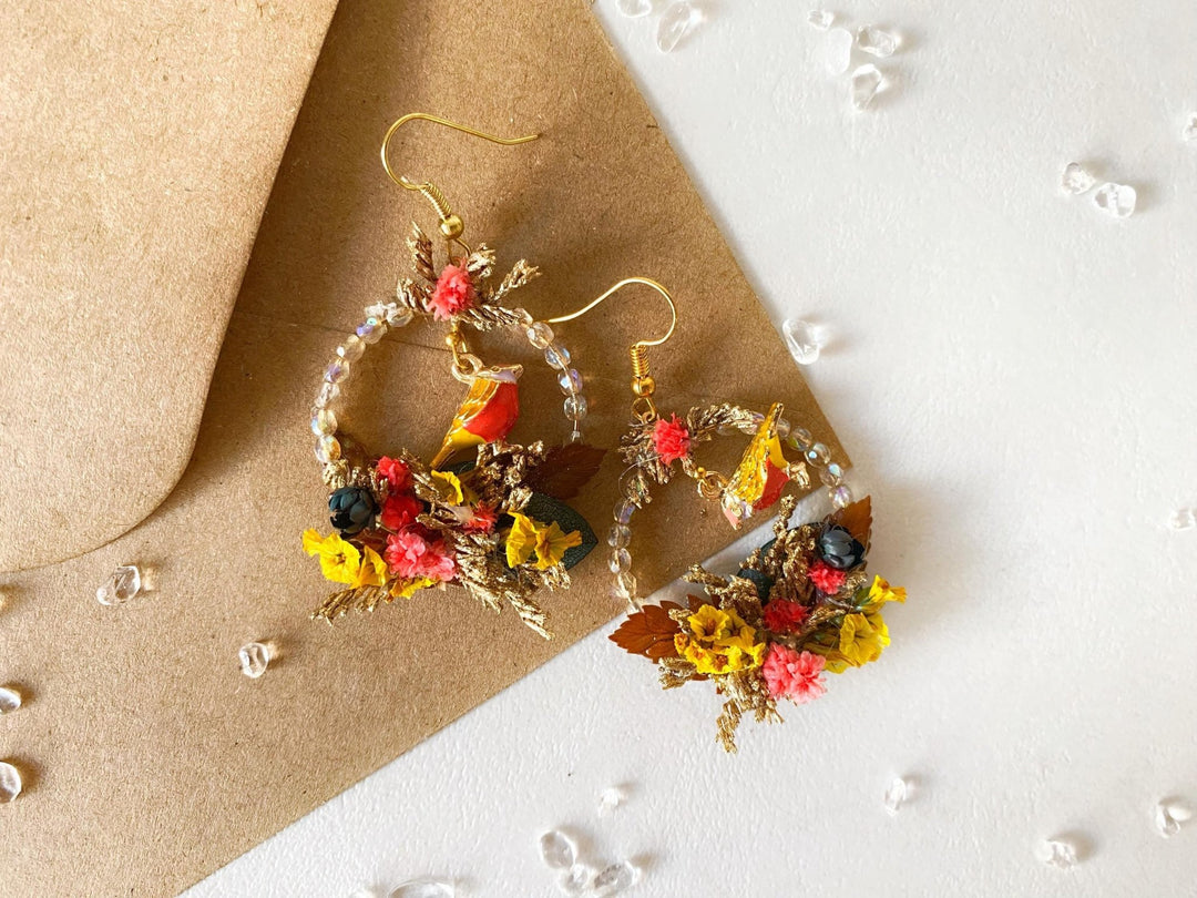 Autumn Bird Flower Circle Earrings: Handmade Beaded Jewelry – handmade floral hair accessory by magaela