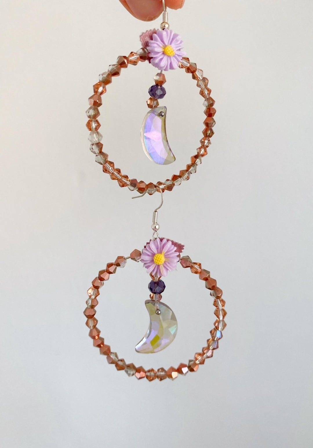 Pale Purple Moon Earrings: Beaded Cottagecore Jewelry – handmade floral hair accessory by magaela