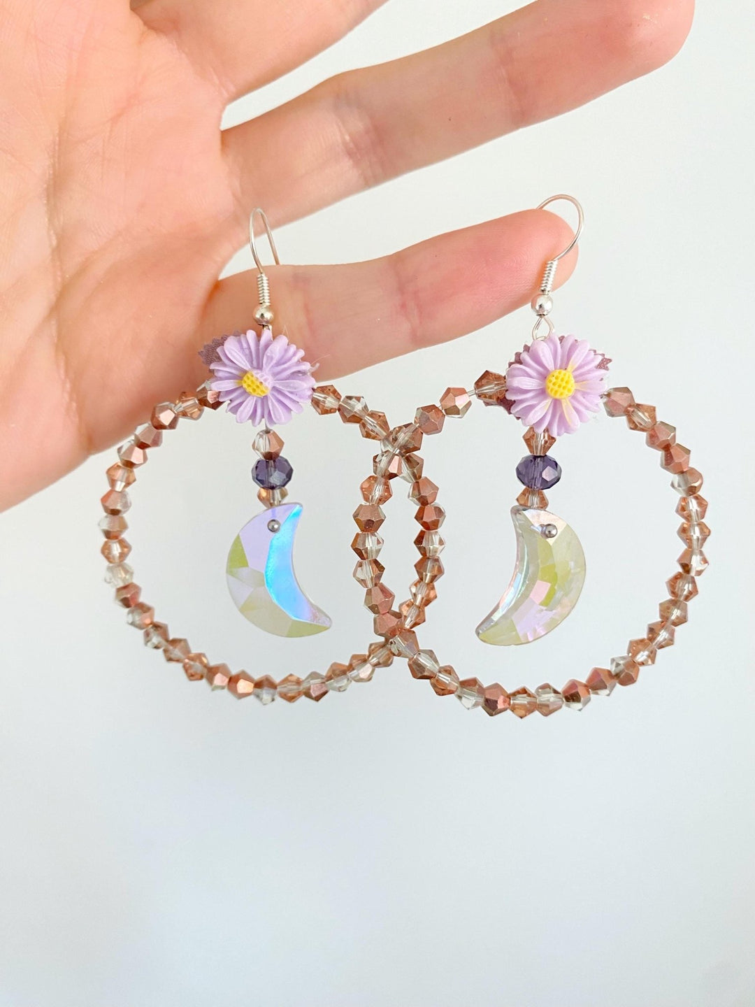 Pale Purple Moon Earrings: Beaded Cottagecore Jewelry – handmade floral hair accessory by magaela