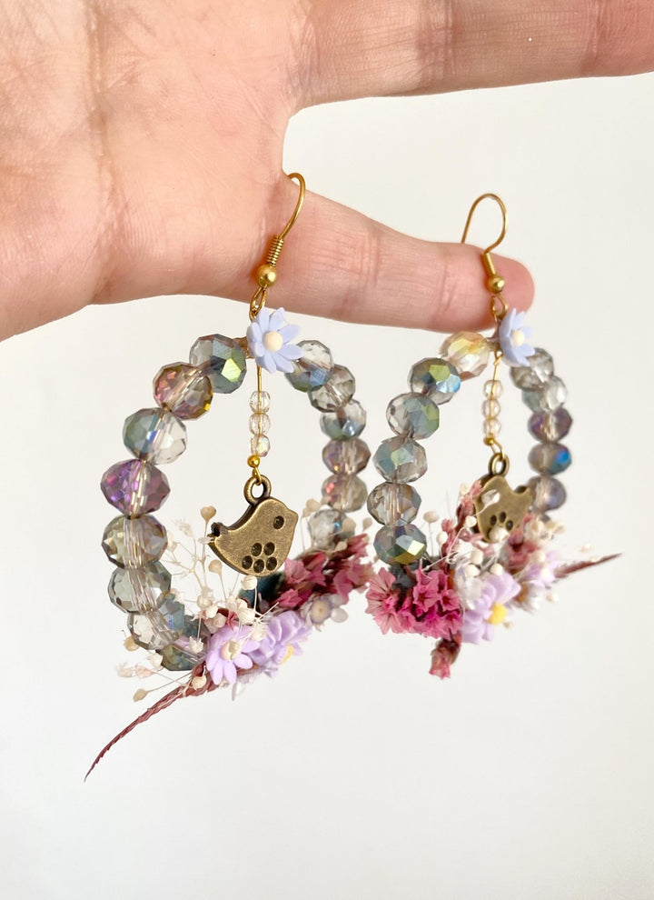 Pastel Bird Circle Earrings: Handmade Beaded Cottagecore Jewelry – handmade floral hair accessory by magaela