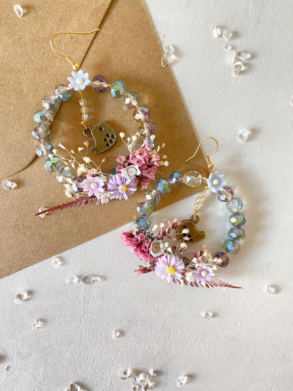 Pastel Bird Circle Earrings: Handmade Beaded Cottagecore Jewelry – handmade floral hair accessory by magaela