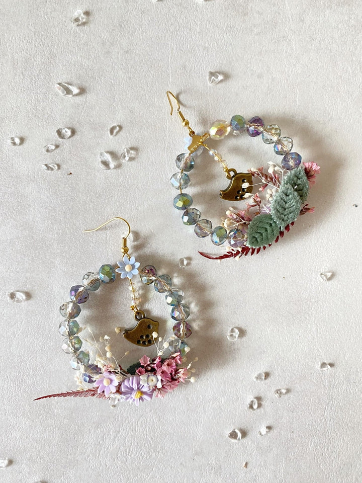 Pastel Bird Circle Earrings: Handmade Beaded Cottagecore Jewelry – handmade floral hair accessory by magaela
