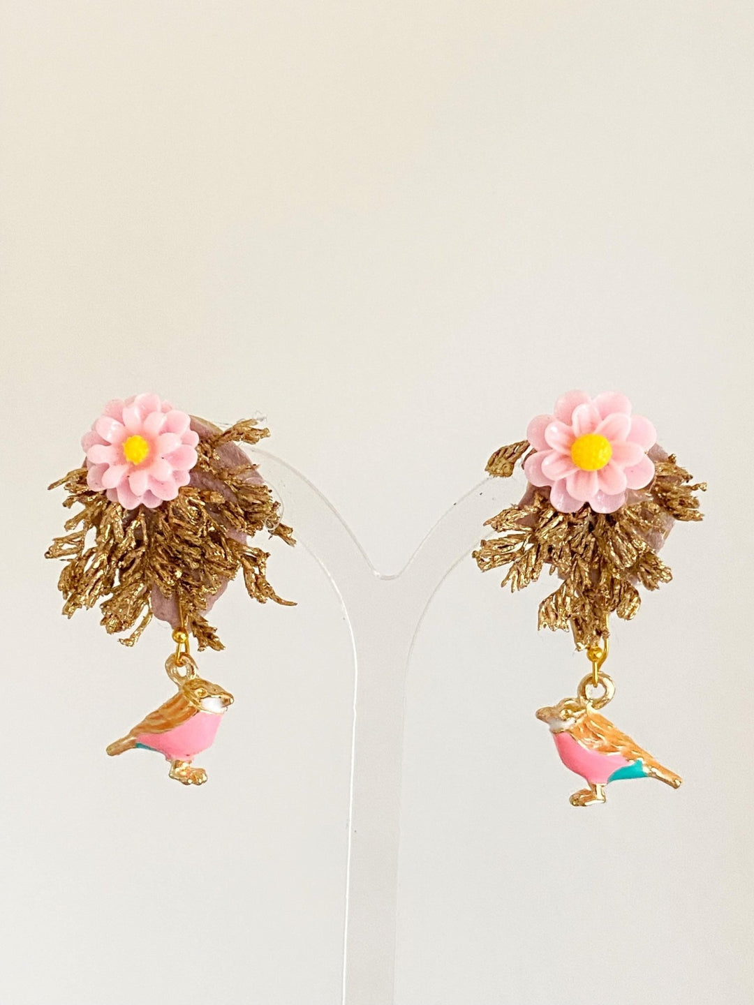 Gold Pink Flower Stud Earrings: Bird Accent, Romantic Wedding – handmade floral hair accessory by magaela
