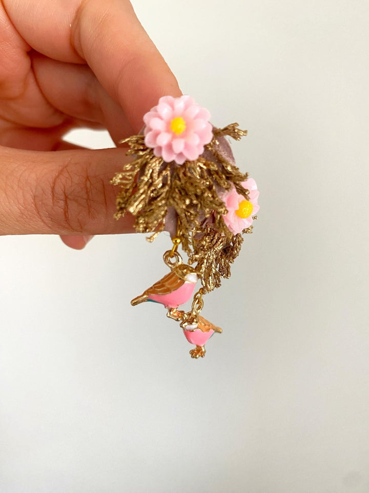Gold Pink Flower Stud Earrings: Bird Accent, Romantic Wedding – handmade floral hair accessory by magaela