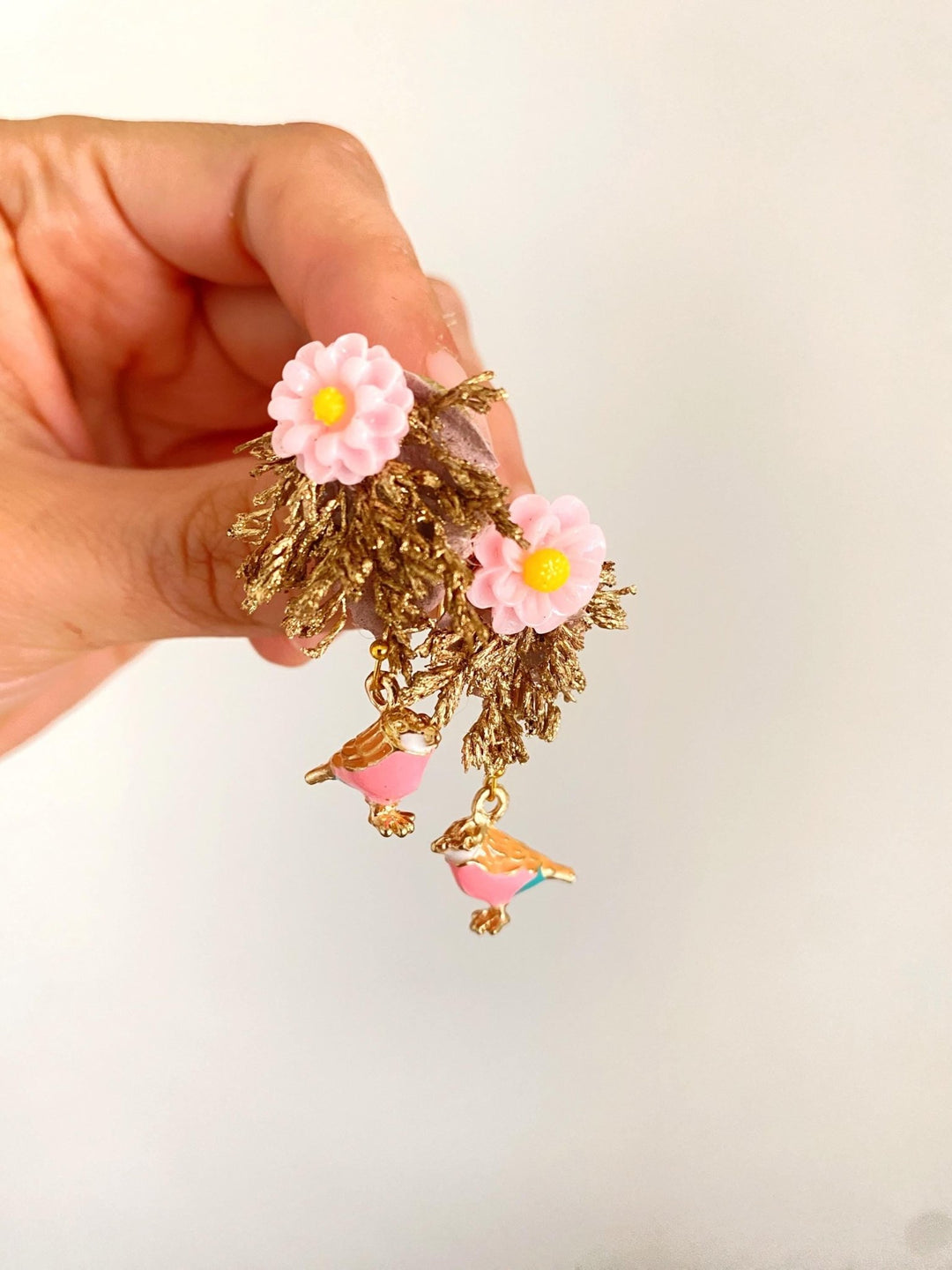 Gold Pink Flower Stud Earrings: Bird Accent, Romantic Wedding – handmade floral hair accessory by magaela