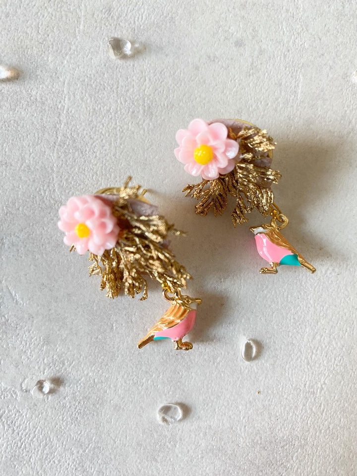 Gold Pink Flower Stud Earrings: Bird Accent, Romantic Wedding – handmade floral hair accessory by magaela