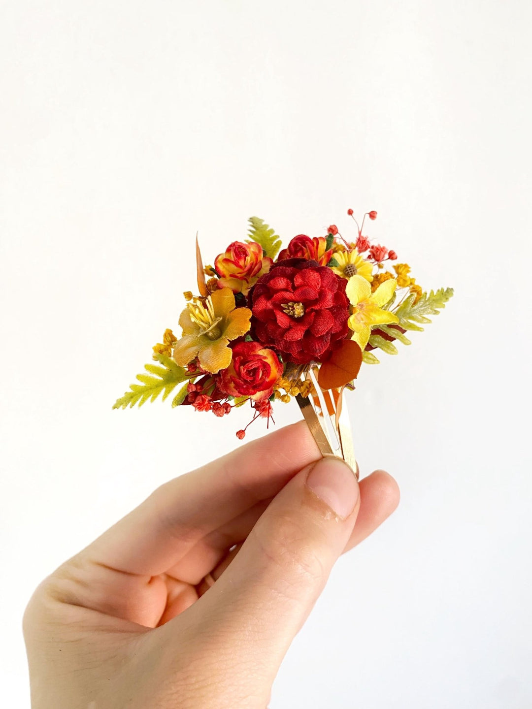 Autumn Flower Hair Clip: Red & Yellow Cottagecore Accessory – handmade floral hair accessory by magaela
