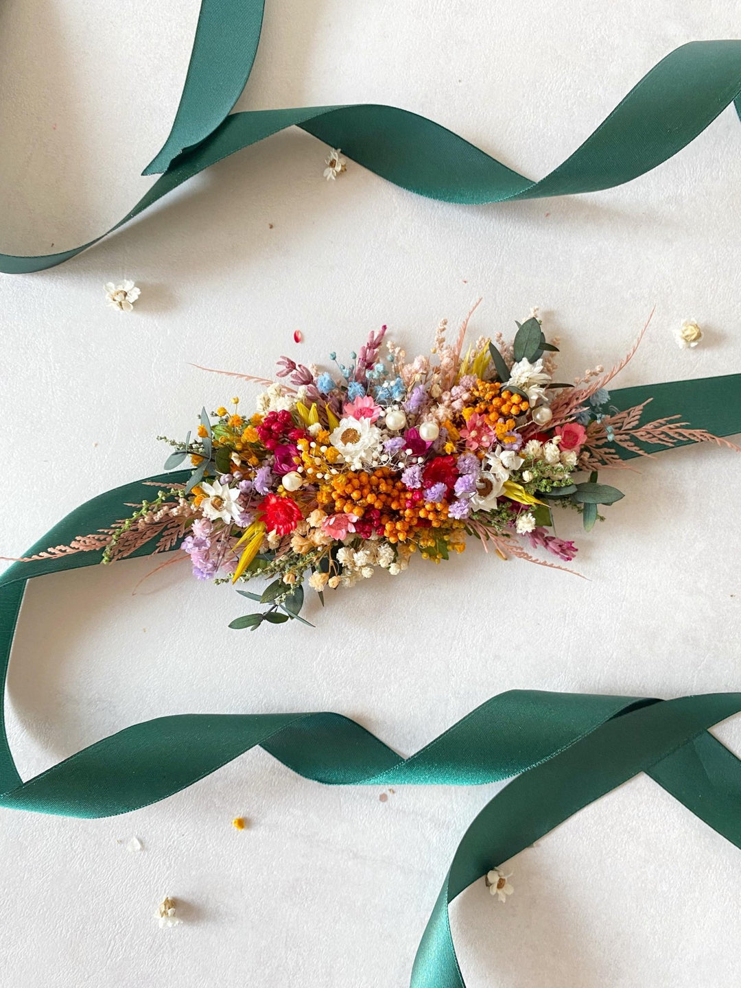 Preserved Flower Bridal Belt: Colorful Meadow Wedding Sash – handmade floral hair accessory by magaela