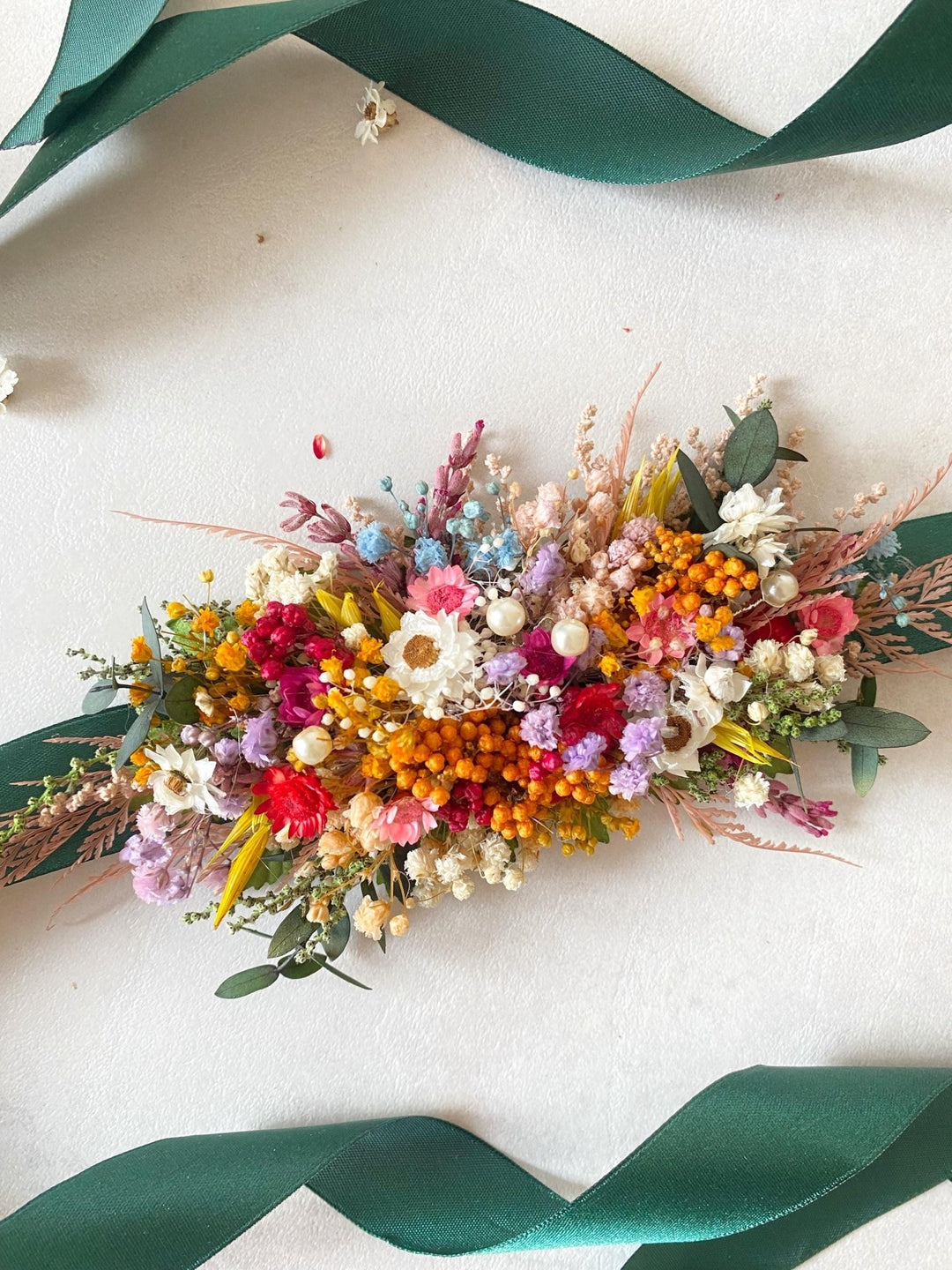 Preserved Flower Bridal Belt: Colorful Meadow Wedding Sash – handmade floral hair accessory by magaela