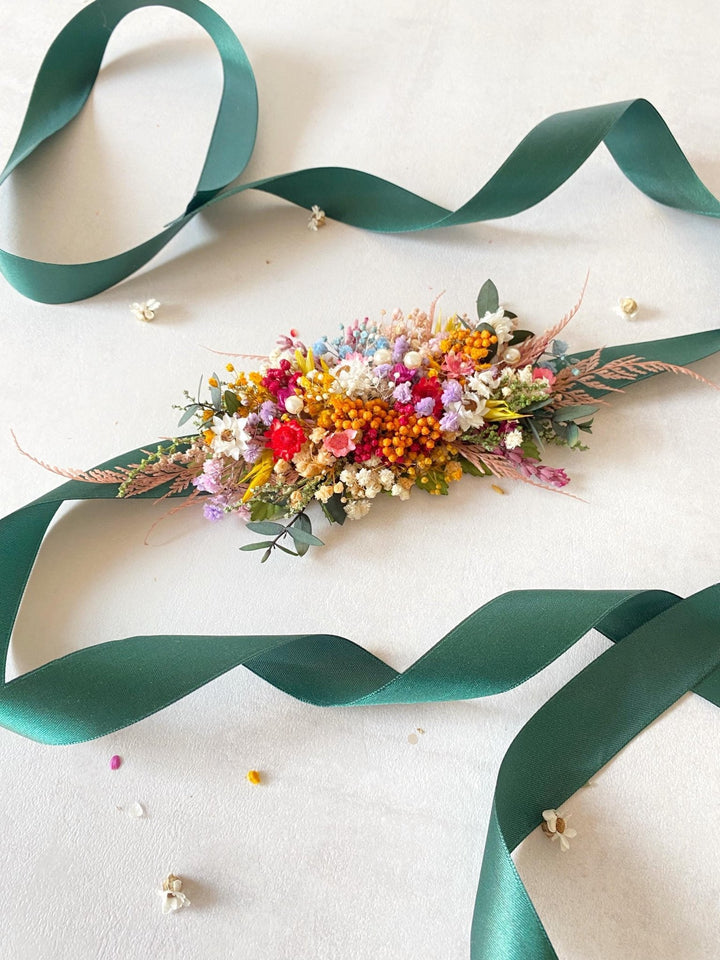 Preserved Flower Bridal Belt: Colorful Meadow Wedding Sash – handmade floral hair accessory by magaela